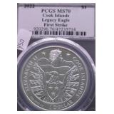 2022 PCGS MS70 COOK ISLANDS LEGACY EAGLE 1 OZ.999