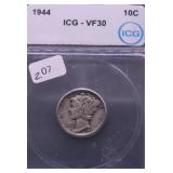 1944 ICG VF 30 MERCURY DIME