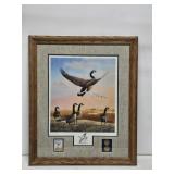 1991 Leo Stans Geese Print with Stamp and Coins