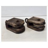 2 Primitive Wooden Single Wheel Pulleys