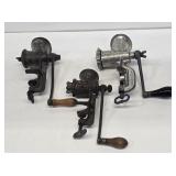 3 Primitive Hand Crank Meat Grinders