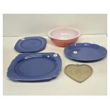 Red Pyrex Bowl & Blue Ironstone Serving Items
