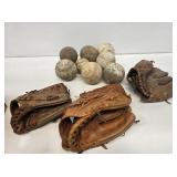 Vintage Leather Ball Gloves & Balls