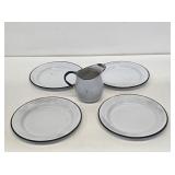 4 Graniteware Plates and Granite Cream Pitcher