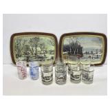 Currier & Ives Glasses & Metal Trays