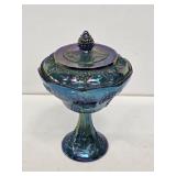Indiana Blue Carnival Glass Covered Compote