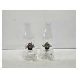 2 Early Glass Finger Oil Lamps with Chimneys