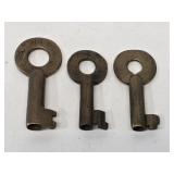 3 Early Brass Railroad Lock Keys