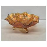 Orange Carnival Glass Ruffled Edge Footed Bowl