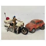 Large Vintage Plastic Motorcycle Cop & VW Bug