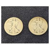2 Worn Walking Liberty Silver 1/2 Dollars