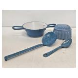 Blue Graniteware Strainer, Mold & Utensils