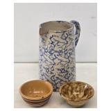 Stoneware Pitcher and Yelloware Miniature Bowls