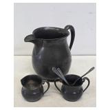 Early Pewter Pitcher & Cream & Sugar Dishes