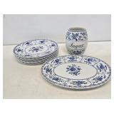 Blue and White Ironstone Plates & Sugar Jar