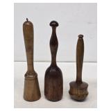 3 Primitive Wooden Kitchen Mashers