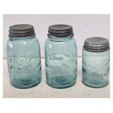 3 Blue Glass Ball Mason Jars with Zinc Caps