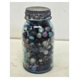 1 Quart Blue Fruit Jar with Marbles