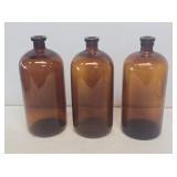 3 Large Amber Glass Chemical Bottles