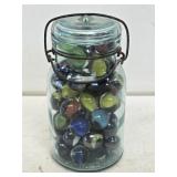 1 Quart Blue Fruit Jar with Shooter Marbles