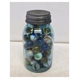 1 Quart Blue Fruit Jar with Shooter Marbles