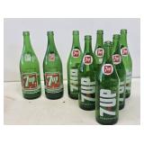 8 Large 7-Up Green Glass Soda Bottles