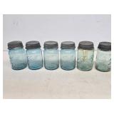 (6) 1 Pint Blue Glass Fruit Jars with Caps