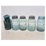 (5) 1 Quart Blue Glass Fruit Jars