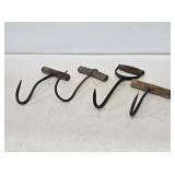 4 Primitive Wood Handle Hay Hooks
