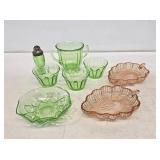 Green & Pink Depression Glass Items