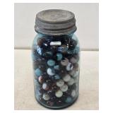 1 Quart Blue Fruit Jar with Marbles
