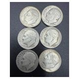 6- 1951-1954 Roosevelt dimes 90% silver