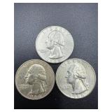 3- 1964 Washington quarters 90% silver