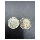 2- 1947 Roosevelt dimes 90% silver coins