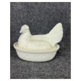 Vintage Kemple white milk glass hen on a nest