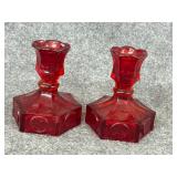 Fostoria Coin Ruby Red Glass candlestick holders