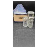 Vtg wall salt holder and 3 glass shakers.