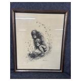 Framed vtg print 2 children picking wild flowers