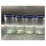 hand-blown Mexican tumblers with a cobalt blue rim