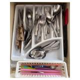 Kitchen cabinet lot flatware and more