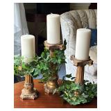 Vintage gold tone 3 tier candleholders & ivy