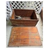 Vintage wooden storage box and contents
