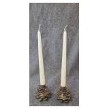 Silver plated pinecone candle holders.