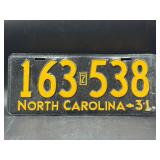 Restored vintage 1931 North Carolina license plate