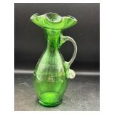 Emerald green art glass pitcher clear handle