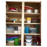 Kitchen cabinet lot Tupperware and more