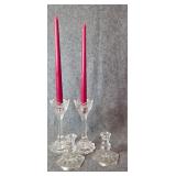 Glass candle sticks ans oair of tapers.