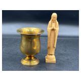Vintage petite brass urn vase and Mother Mary