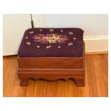 vtg wooden footstool floral needlepoint upholstery