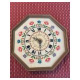 VINTAGE FLORAL CREWEL EMBROIDERY WOOD  WALL CLOCK